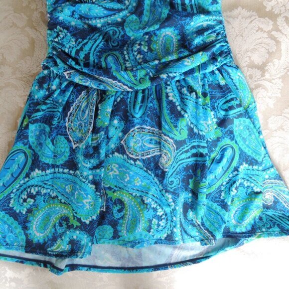 D & Co. Beach Blue & Green Paisley Ruched Swim Dress One Piece Skirt 16 - Picture 6 of 12
